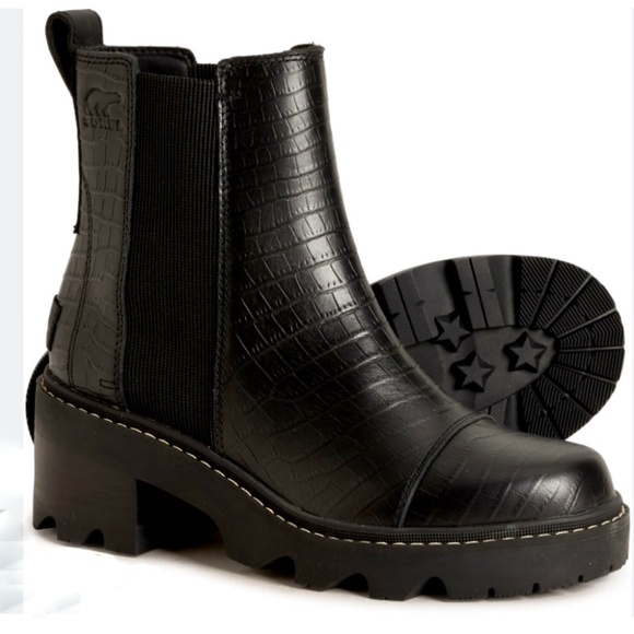 Sorel Joan Now Waterproof Chelsea Boot, black leather croc, LIKE NEW - Picture 1 of 11